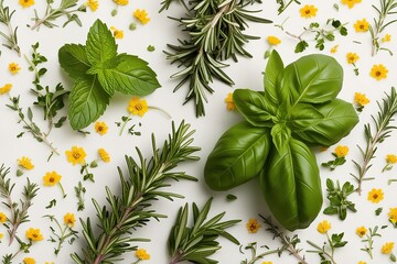 Aromatic Herb Flower Collection with Mint Rosemary and Basil on Floral Backdrop