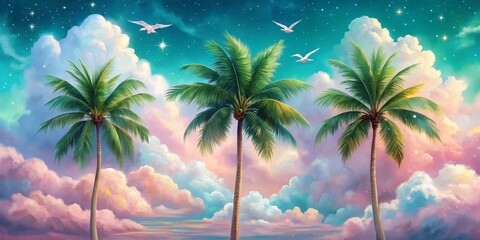 Three Palm Trees Under a Starry Sky, Digital Painting, Green Palm Trees, Pink and Blue Clouds, Tropical Paradise, stars, palm trees