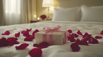 Poster -   Gift Box on Bed with Rose Petals & Light