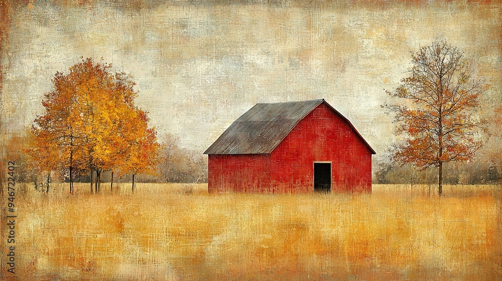 Red Barn Painting - Field with Trees, Cloudy Sky Background Stock Photo ...