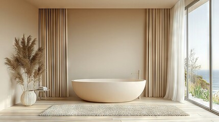 Wall Mural -   Large white tub next to window with water view in bathroom