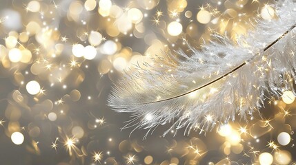 Poster -   A sharp image of a white feather against a fuzzy backdrop, featuring golden and white illuminations in the foreground