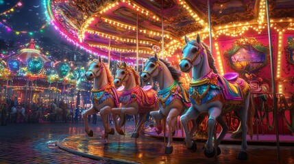 Colorful carousel with illuminated horses awaits riders. This exciting scene captures joy and nostalgia at an amusement park. Perfect for family fun and creating memories. AI