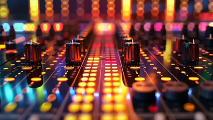 Poster - A colorful sound board with many knobs and buttons. Scene is energetic and lively
