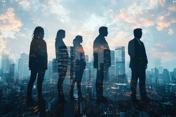 People standing in city skyline double exposure created with Generative AI