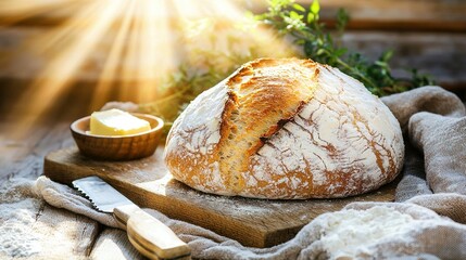 Sticker -   A loaf of bread sits atop a wooden cutting board alongside a bowl of butter and a knife