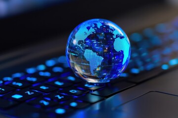 Blue glass globe on a laptop keyboard, a digital technology concept for a global network and online business in the worldwide web or the internet of things Generative AI
