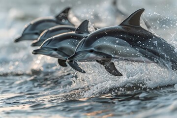 Wall Mural - A pod of dolphins leaps gracefully through the waves, their playful antics frozen in time