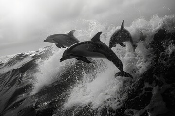 Wall Mural - A pod of dolphins leaps gracefully through the waves, their playful antics frozen in time