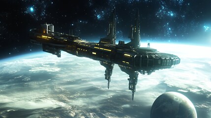 A futuristic space station or spaceship orbiting a planet in a starry environment.