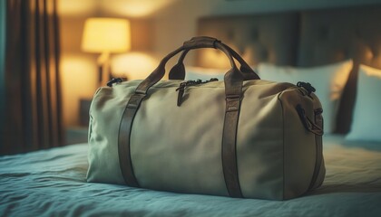 duffel bag with handles on a bed, packed and ready for a weekend getaway