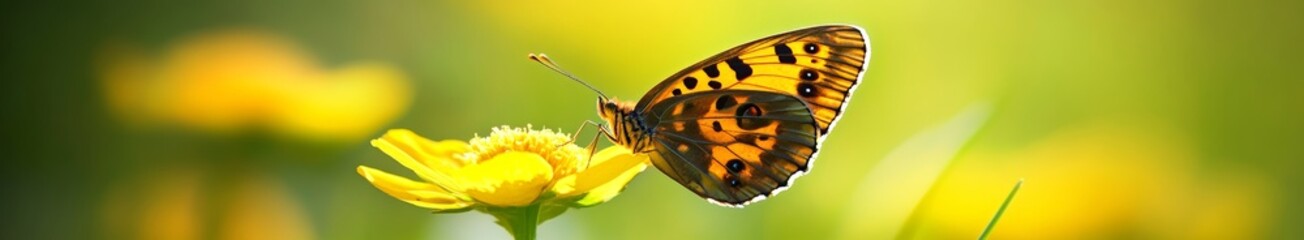 Wall Mural - The image shows a beautiful orange butterfly with a blurred background in a garden with copy space and a natural landscape as the background, interspersed with clean, fresh design elements.