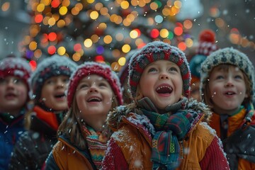 Wall Mural - This heartwarming scene features a cheerful children’s choir in cozy winter clothing, performing Christmas songs outdoors in a picturesque snowy landscape, surrounded by twinkling lights 