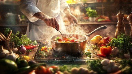 Sticker - A chef prepares a delicious meal in a vibrant kitchen. Fresh vegetables and herbs are spread around. The steam adds warmth to the scene. This image captures the joy of cooking. AI