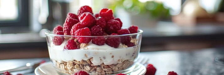 Wall Mural - Nutritious vegan breakfast featuring yogurt and raspberries on a plate alongside cereal, with a transparent container containing vitamins, fruits, and dairy for a protein-packed organic weight loss