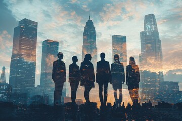 People standing in city skyline double exposure created with Generative AI