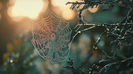 Dew-covered spider web glistening in morning light, nestled among branches