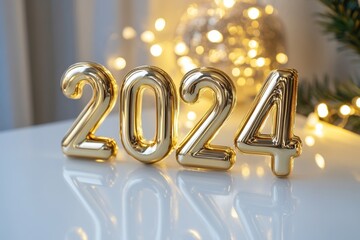 Wall Mural - Card with bright lights, gifts, and bottle of champagne wishing you a happy new year 2024