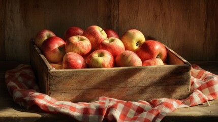 Wall Mural - A rustic wooden crate filled with fresh red apples. The vibrant colors evoke a sense of harvest. Perfect for food photography, cooking blogs, or market scenes. AI