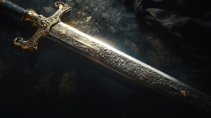 Gleaming medieval sword with ornate hilt and blade