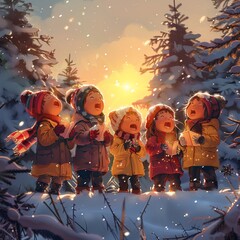 Wall Mural - This heartwarming scene features a cheerful children’s choir in cozy winter clothing, performing Christmas songs outdoors in a picturesque snowy landscape, surrounded by twinkling lights 