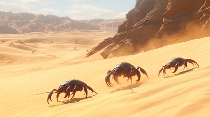 Desert landscape with scorpions and beetles navigating sandy dunes