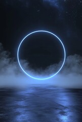 Wall Mural - neon circle on wet asphalt. blue neon, smoke, smog. night view of neon streets, dark neon background