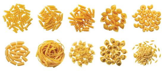 The image showcases an assortment of pasta shapes neatly arranged in rows, against a transparent background, PNG file, perfect for graphic design.