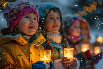 Wall Mural - This heartwarming scene features a cheerful children’s choir in cozy winter clothing, performing Christmas songs outdoors in a picturesque snowy landscape, surrounded by twinkling lights 