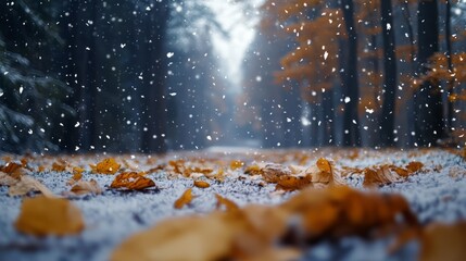 Wall Mural - Golden leaves, first snow, countryside, peaceful