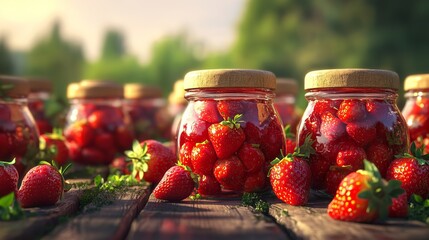 Wall Mural - Freshly made strawberry jam jars glowing in the sun for the International Jam Festival