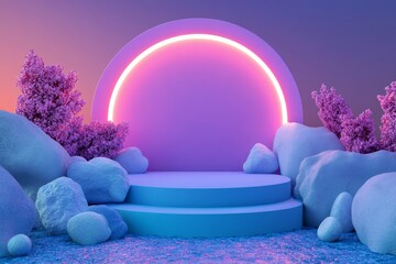 Wall Mural - This is a 3d rendering of a stone podium, pedestal or platform, with a neon LED background and a blank product stand.