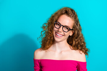 Wall Mural - Portrait of nice young girl empty space wear top isolated on turquoise color background