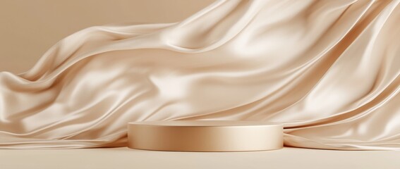3D rendering of a minimalist beige background accompanied by a podium and wave satin curtain. A round pedestal is used for presenting natural cosmetics.