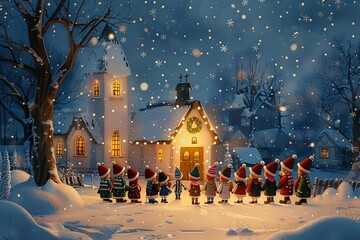 Wall Mural - This heartwarming scene features a cheerful children’s choir in cozy winter clothing, performing Christmas songs outdoors in a picturesque snowy landscape, surrounded by twinkling lights 