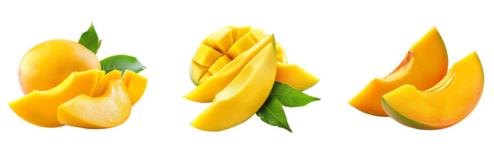 Wall Mural - Set of Ripe Mango with half slices isolated on a transparent background