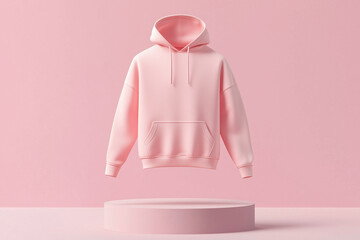 Blank Pink Mockup Hoodie design floating above a podium with an isolated neutral pink color background