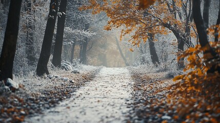 Wall Mural - Icy autumn trail in the woods