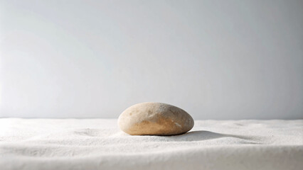 A minimalist scene of a single perfectly smooth rock on a white sand beach