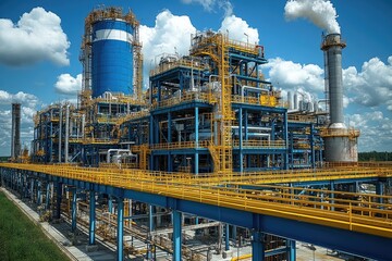 Industrial Plant with Blue and Yellow Structures Under a Cloudy Sky