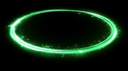 Sparkles and neon glow on a textured abstract background. Circle frame of shiny swirls with green sparks and blur.