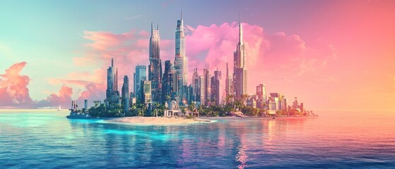 Wall Mural - A Futuristic City Skyline on a Tropical Island at Sunset