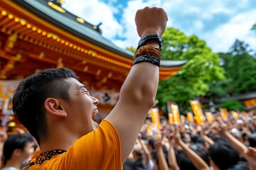 Wall Mural - Japanese vermillion shrine during a festival, captured in a photo where the vibrant color is complemented by the lively energy of the crowd