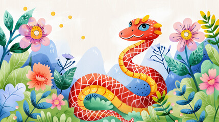 Wall Mural - Colorful snake surrounded by vibrant flowers in a lush garden landscape