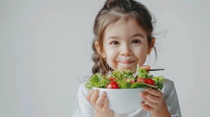 elementary school kid, baby girl love having organic vegetable salad in the bowl in school lunch time 