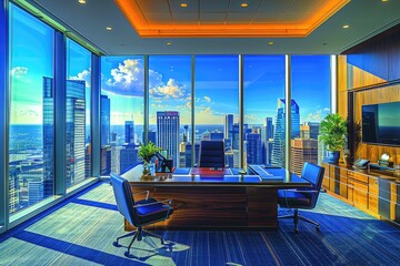 Wall Mural - Modern Office with City Skyline View and Wooden Desk