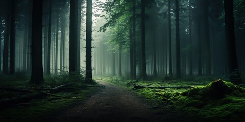 Misty fog forest path way with sun rays. Adventure explore travel scene view