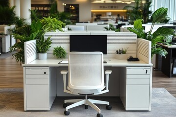 Wall Mural - Modern Office Workstation with White Desk, Chair, and Plants