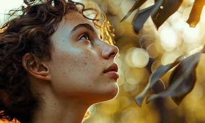 Wall Mural - a contemplative young woman bathed in warm sunlight among leaves