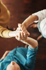 Wall Mural - Business people, hands together and high five with team above for unity, collaboration or cooperation at office. Top view, group or employees touching for community, synergy or meeting at workplace